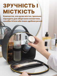 Сумка для косметики Водонепроницаемая с ручкой и прозрачным окошком из экокожи 23х10х21 см черная
