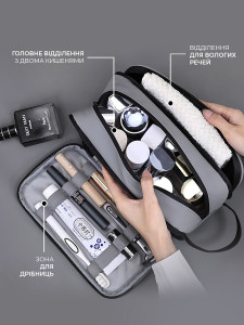 Косметичка несессер дорожная трехслойная с тремя отделами Экокожа/Полиэстер 26х14.5х11 см Серая