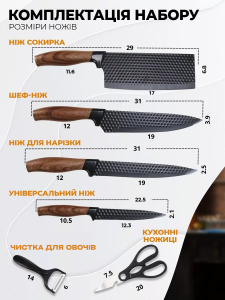 Набір кухонних ножів і ножиць 6 предметів із нержавіючої сталі з антибактеріальним покриттям, чорний, у подарунковій коробці