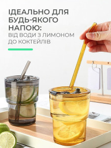 Стакан-тумблер с трубочкой и чехлом из экокожи стеклянный 11х6,5 см коричневый