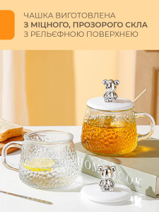 Чашка с крышкой с объемным Медведем и ложкой утолщенное стекло 420 мл 13х8,5х10 см прозрачная