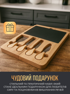 Доска для подачи сыра с набором инструментов 4 штуки Дерево/Сланец 28х15х1.5 см Коричнево-черная