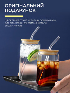 Стакан стеклянный боросиликатный 400 мл с трубочкой и бамбуковой крышкой для напитков коктейлей смузи 12.5х6.5х6 см 
