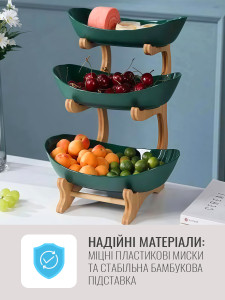 Фруктовница на 3 яруса пластиковая с деревянным основанием 35х28х22 см синяя
