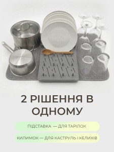 Сушилка для посуды 2-в-1 YARTES подставка и влагопоглощающий коврик Серая