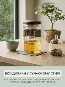 Чашка для чаю скляна з дерев'яною кришкою та обідком TESLYAR 350 мл прозора