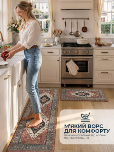 Антиковзні килимки для кухні (комплект 2 шт) TESLYAR поліестер 50х80 та 50х150 см перський принт коричневий