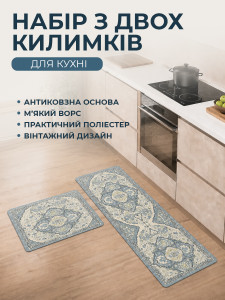 Антиковзні килимки для кухні (комплект 2 шт) TESLYAR поліестер 50х80 та 50х150 см перський принт блакитний