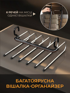Вішалка для штанів багаторівнева 6-в-1 TESLYAR нержавіюча сталь/ABS-пластик 31х28х7 см чорна з золотом
