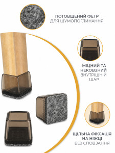 Защитные накладки на ножки стульев (комплект 4 шт) квадратные силиконовые TESLYAR 3х3 см на 1.9–2.6 см темно-коричневые