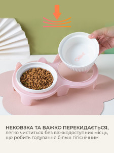 Миска двойная для корма кошек и собак на подставке Керамика/Пластик 27.8х14.7х9.5 см Розово-белая