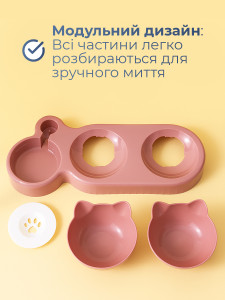 Двойная миска с поилкой для кошек и собак на подставке Пластик 40х22 см Розовая