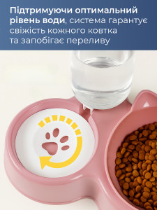 Двойная миска с поилкой для кошек и собак на подставке Пластик 40х22 см Розовая