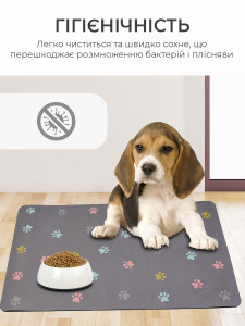 Коврик под миски для животных с яркими следами лапок из полиэстера и резины 30х40 см серый