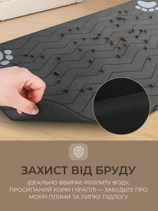 Коврик под миски для животных со следами лапок и прямоугольниками из полиэстера и резины 30х40 см серый