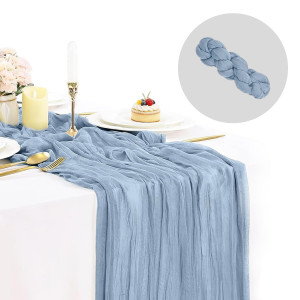 Скатертина-ранер плісирована Преміальний муслін Yartes 90х300 см Сіро-блакитна