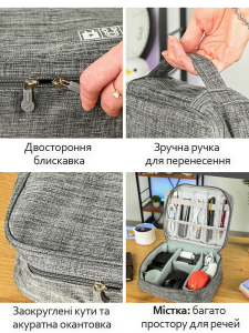 Портативная сумка для кабелей и зарядок из полиэстера  27х22х6 см серая