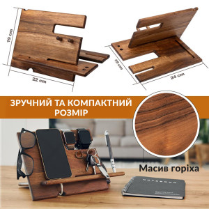 Органайзер док-станция Teslyar на стол для телефона и аксессуаров Деревянная 19х22х24 см Орех