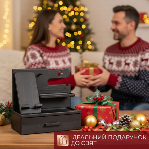 Подставка органайзер Teslyar для телефона с ящиком и отверстием для зарядки (черная)