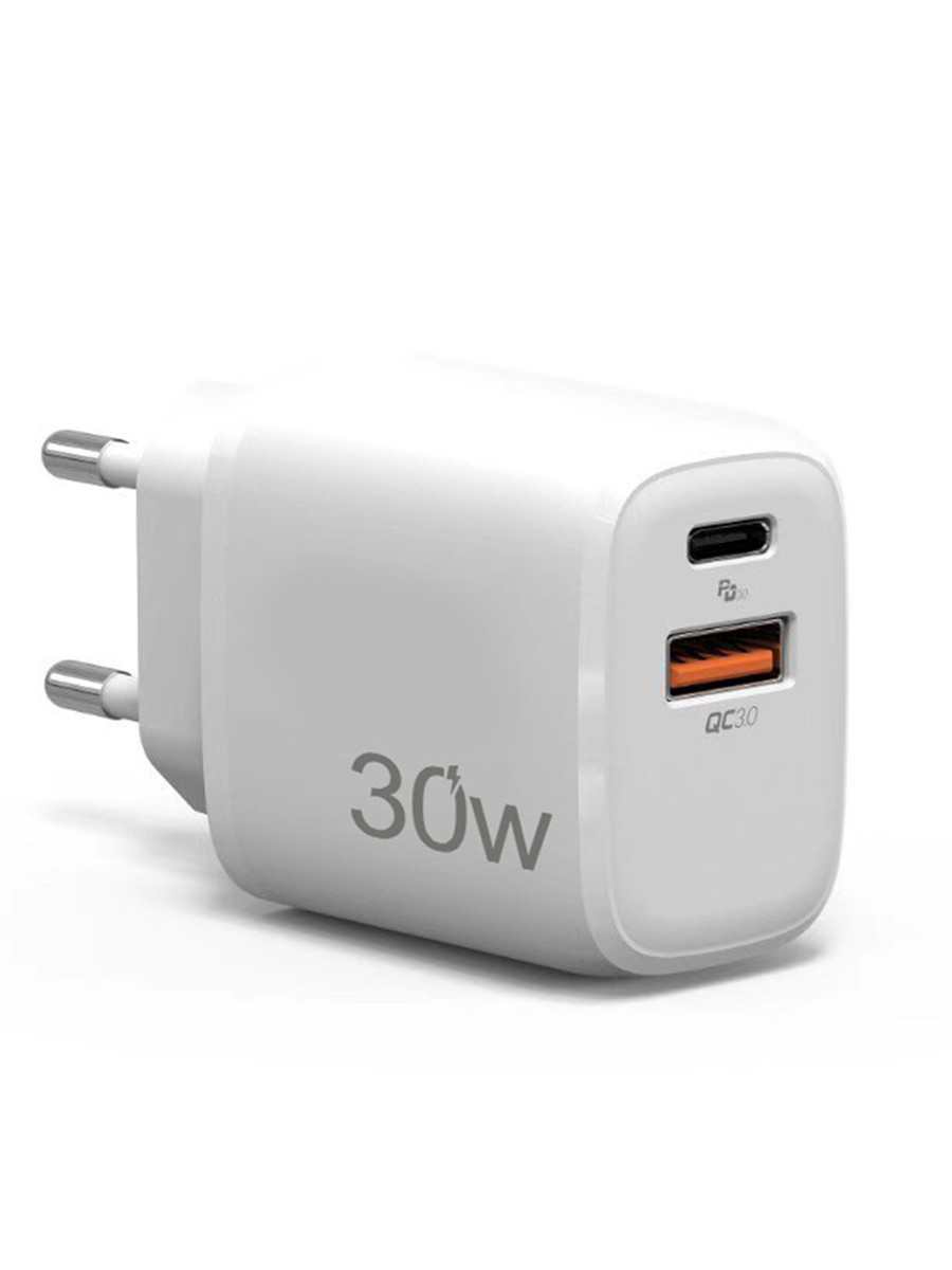 Сетевой зарядный блок питания с быстрой зарядкой с USB + TYPE-C 30W Белый