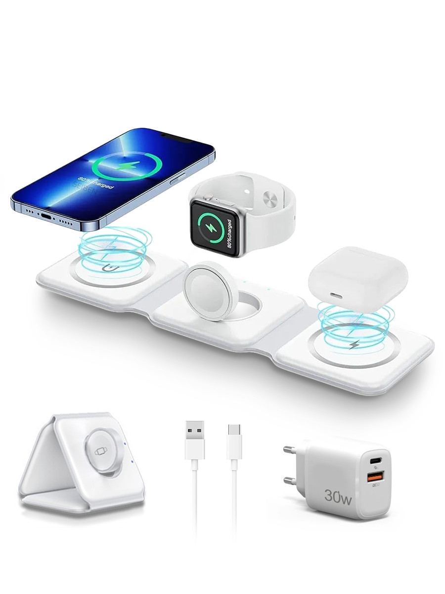 Беспроводное зарядное устройство MagSafe 3 в 1 с блоком питания для телефона, смарт часов, наушников Белый