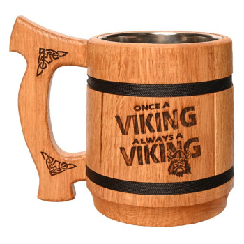 Пивная кружка Teslyar "Once a viking always a viking" из дерева светлая 600 мл