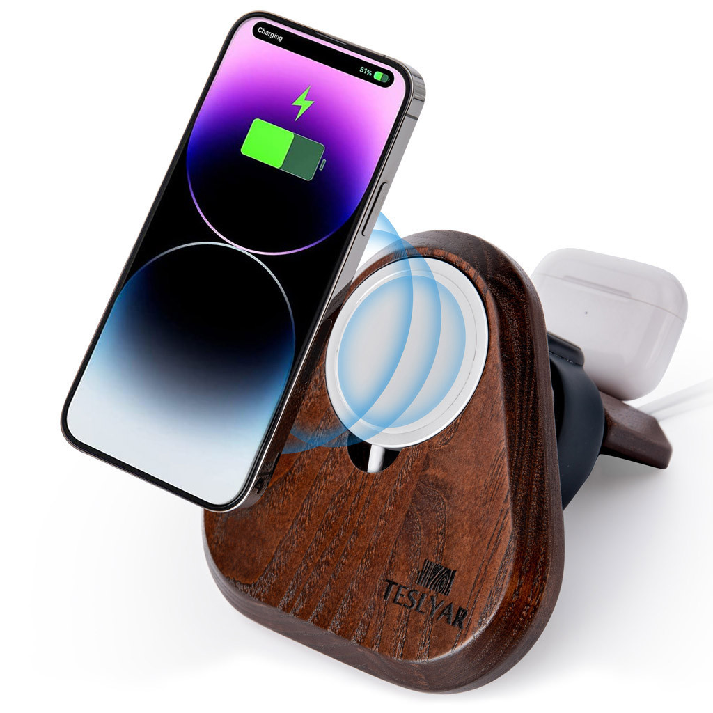 Підставка трикутна Teslyar MagSafe для iPhone, Apple Watch та AirPods з дерева (коричнева)