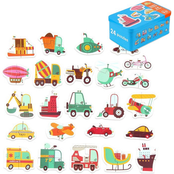 Пазли для дітей TRAFFIC PUZZLE 48 дерев'яних елементів у металевій коробці 16х10х7 см блакитний