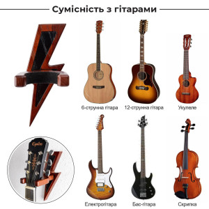 Настенный крепеж держатель для гитары Teslyar Молния из дерева махагон