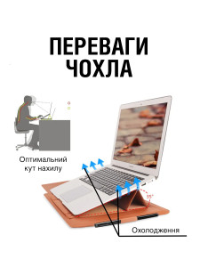 Сумка чехол для ноутбука MacBook 17"-17.3" подставка трансформер водонепроницаемая из эко кожи Коричнева
