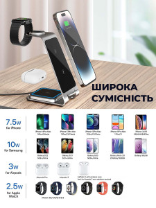 Беспроводная зарядная станция 3 в 1 MagSafe для телефона, смарт часов и наушников настольная Черная