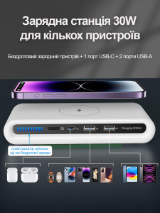 Универсальная зарядная станция 4 в 1 для телефона, смарт часов, наушников с зарядкой Qi и подсветкой Белая