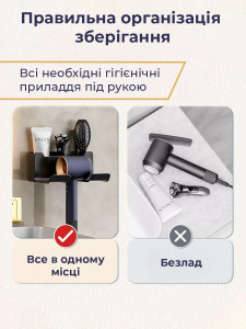 Настенный держатель подставка для фена, плойки и расчесок в ванную комнату на вакуумных присосках 16,5×12,5×7 см Белый