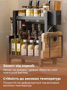 Двухуровневый органайзер для специй соусов и кухонных принадлежностей с 6 крючками металл 35х30х21 см черный