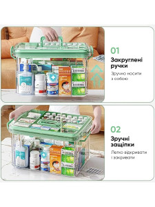 Контейнер для лекарств и витаминов Yartes с функциональной крышкой и удобными ручками пластиковый 31х21х17 см