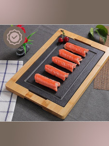 Разделочная деревянная кухонная доска со сланцем для подачи стейков 36х24х2 см светло-коричневая/черная