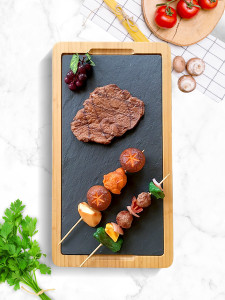 Разделочная кухонная доска для мяса и гарниров деревянная 45х24х2 см с черной сланцевой плитой 30х20 см