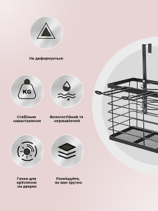 Держатель для фена и плойки в ванную комнату с полкой для полезных мелочей нержавеющая сталь 17.4х12х27 см черный
