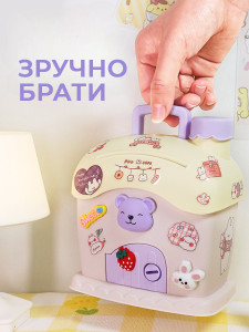 Копилка для детей Дом Мишки на замке с 3Д значками эко пластик 14х24,5х18 см фиолетовая