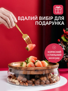 Тарелка для фруктов с крышкой Yartes из термостойкого стекла и дерева акации 24х24х8 см прозрачная