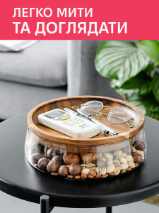Тарелка для фруктов с крышкой Yartes из термостойкого стекла и дерева акации 24х24х8 см прозрачная