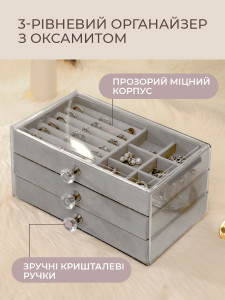 Шкатулка для украшений на 3 отделения с прозрачной крышкой бархатная 10,5х22х13 см серая
