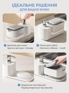 Дозатор для моющего средства с подставкой для губки Пластиковый 10.8х23х15 см Белый