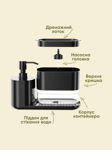 Дозатор для моющего средства с подставкой для губки Пластиковый 10.8х23х15 см Черный