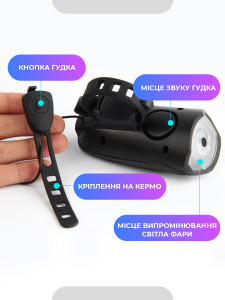 Передняя LED фара на велосипед с сигналом и USB зарядкой ABS-пластик 3.7х5.1х10.2 см Черная