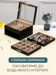Шкатулка для украшений 3-уровневая с прозрачной крышкой Yartes экокожа/бархат 13.8х23х20 см черная