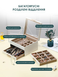 Шкатулка для украшений 3-уровневая с прозрачной крышкой Yartes экокожа/бархат 13.8х23х20 см белая