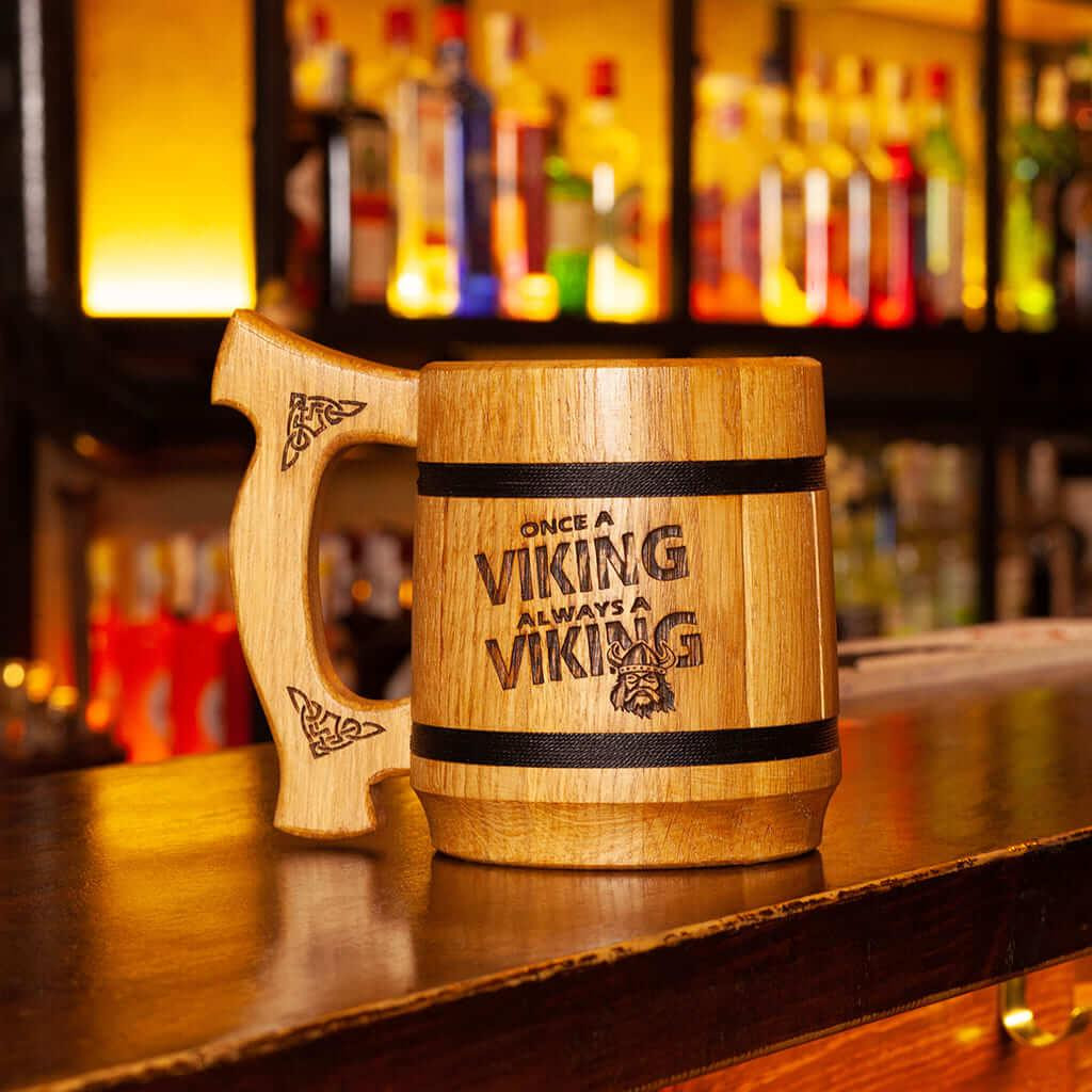 Кухоль для пива Teslyar "Once a viking always a viking" з дерева світлий 600 мл