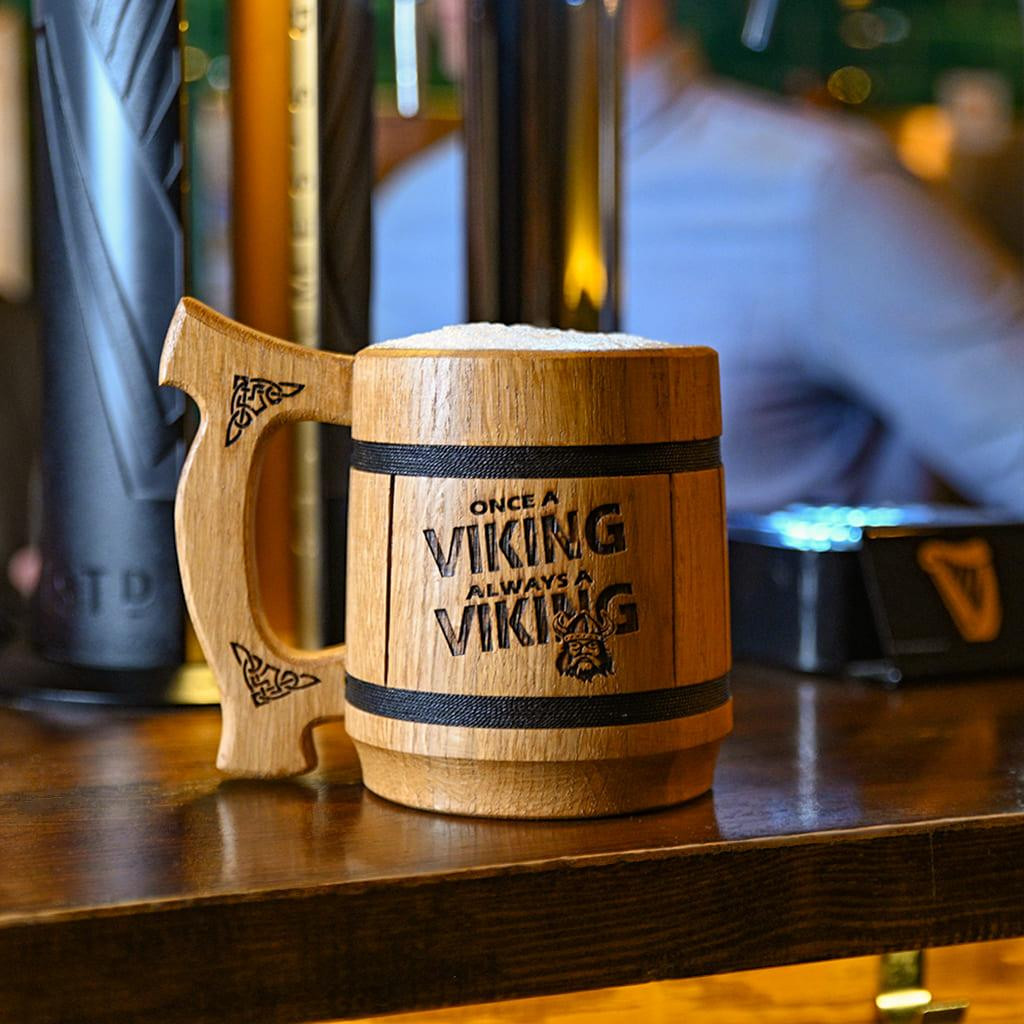 Кухоль для пива Teslyar "Once a viking always a viking" з дерева світлий 600 мл