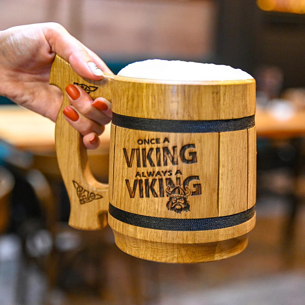 Кухоль для пива Teslyar "Once a viking always a viking" з дерева світлий 600 мл